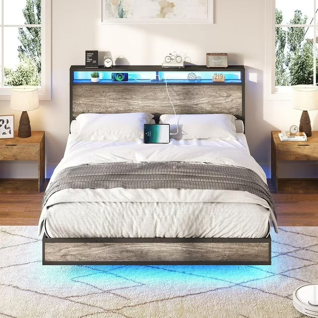 Papajet Floating Bed Frame with Headboard, Charging Station and LED Lights
