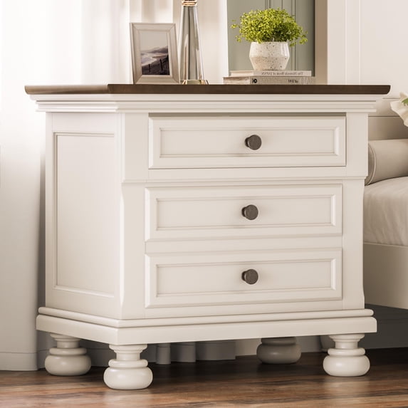 Papajet Fully Assembled Nightstand, Solid Wood End Table with 2 Storage Drawers, 26" Extra Large Traditional Bedside Cabinet for Bedroom, White