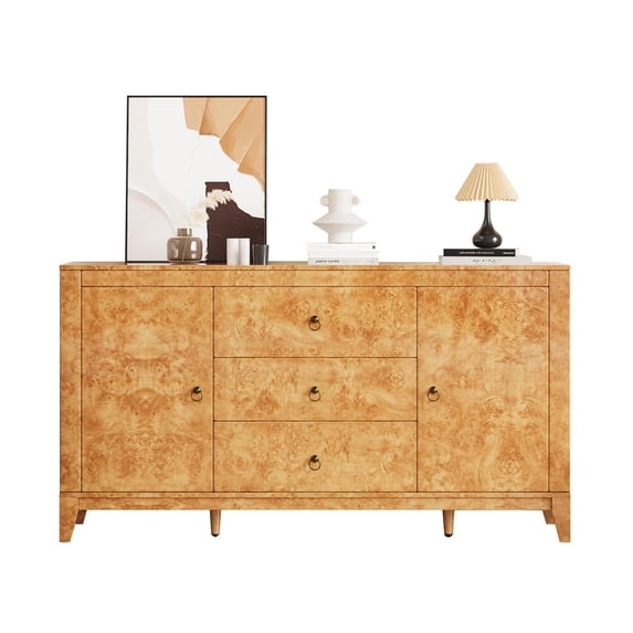 Papajet High Gloss Sideboard Buffet Burl Wood 60'' Cabinet Buffet Table with 3 Drawers, Mid-Century Modern Sideboard for Dining Room, Blond Burl