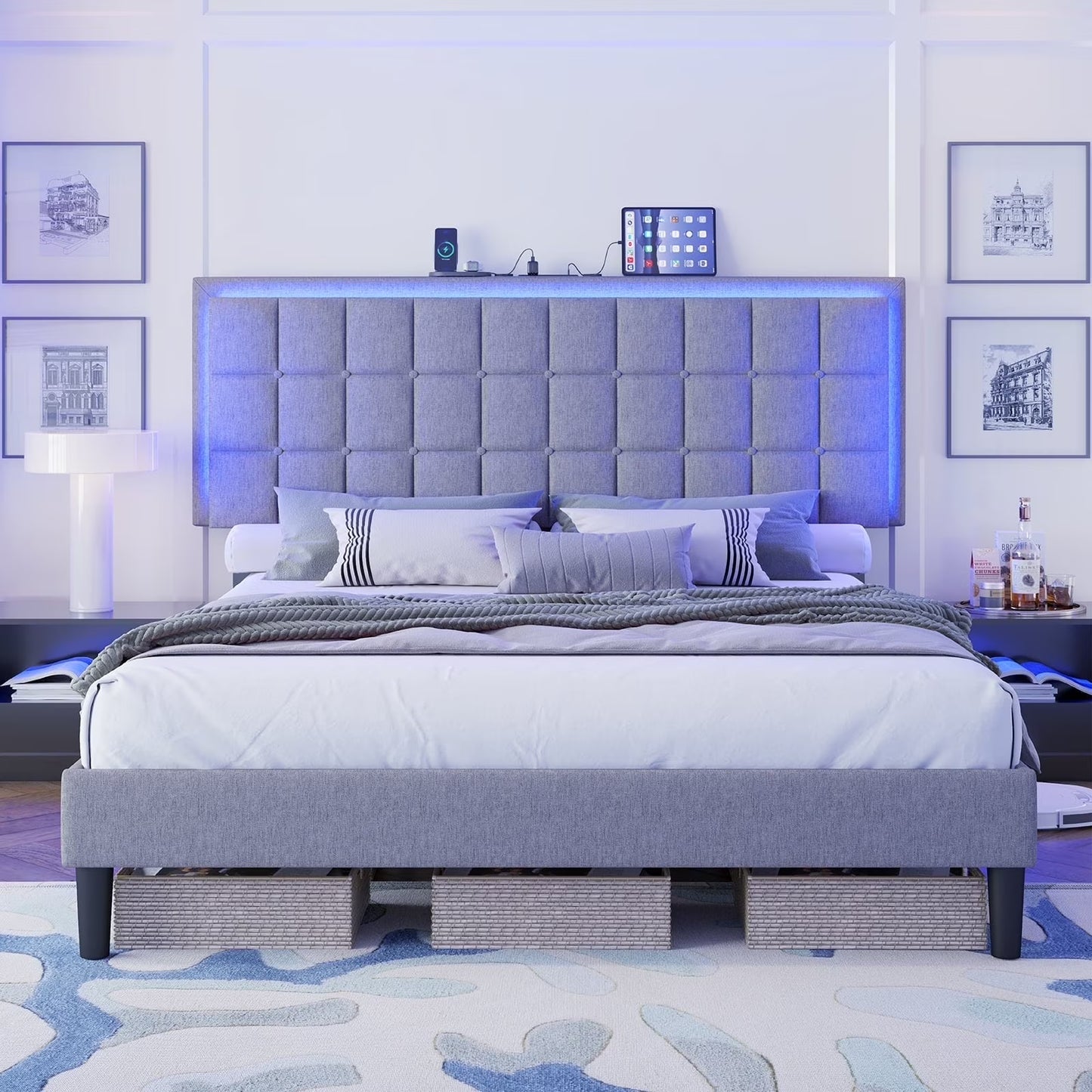 LUXOAK Bed Frame, Upholstered with LED Lights & Charging Station, Button Tufted Platform