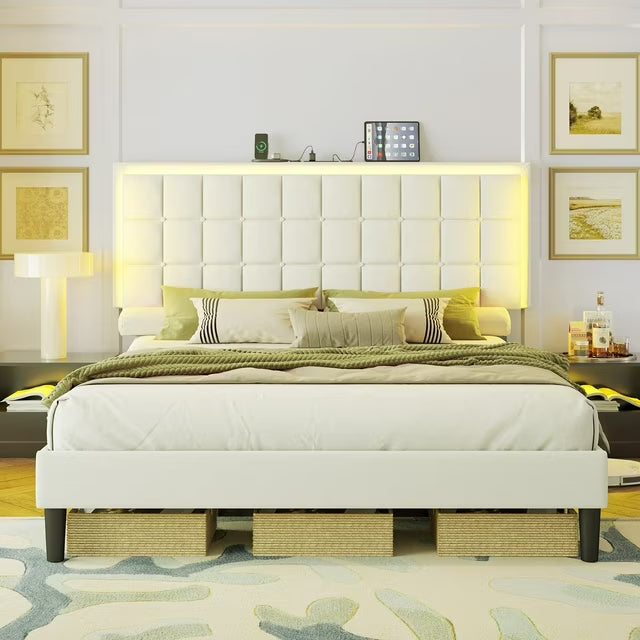 Papajet Bed Frame with LED Lights & Charging Station, Upholstered