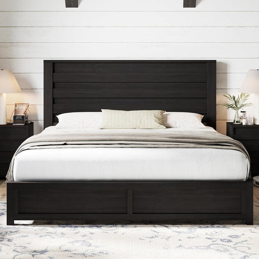 Papajet 49" H King Size Bed Frame with Headboard, Farmhouse Platform and Natural Wood Grain