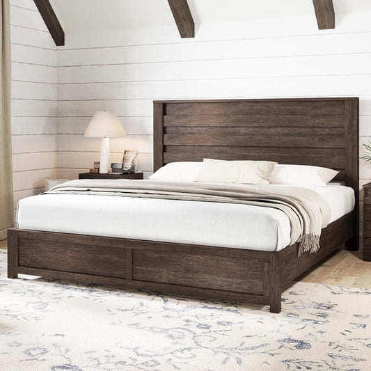 Papajet King Size Bed Frame with Headboard, Farmhouse Platform and Natural Wood Grain, Gray