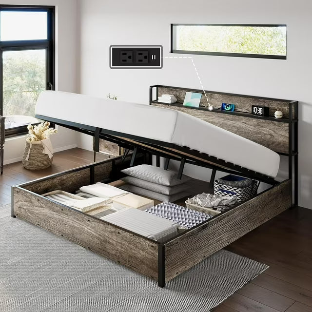 Papajet Bed Frame with Lift Up Storage, Wood Platform and Charging Station