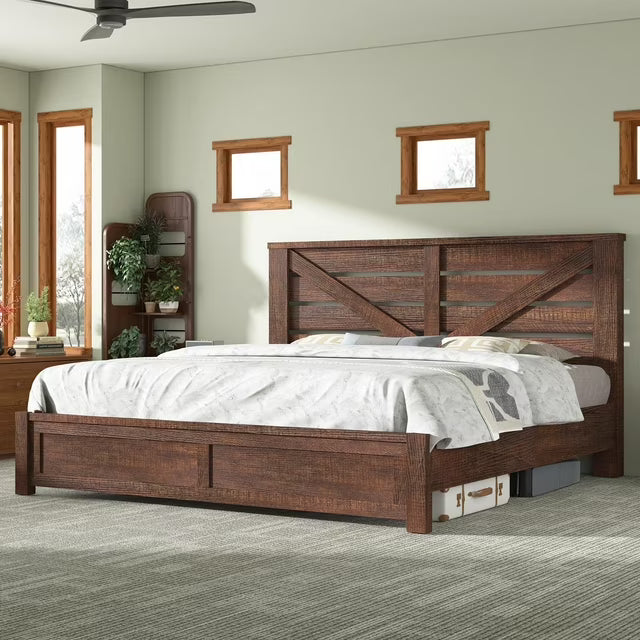 Papajet Farmhouse Bed Frame with Barn Door Headboard, Wood Slats and Storage Space