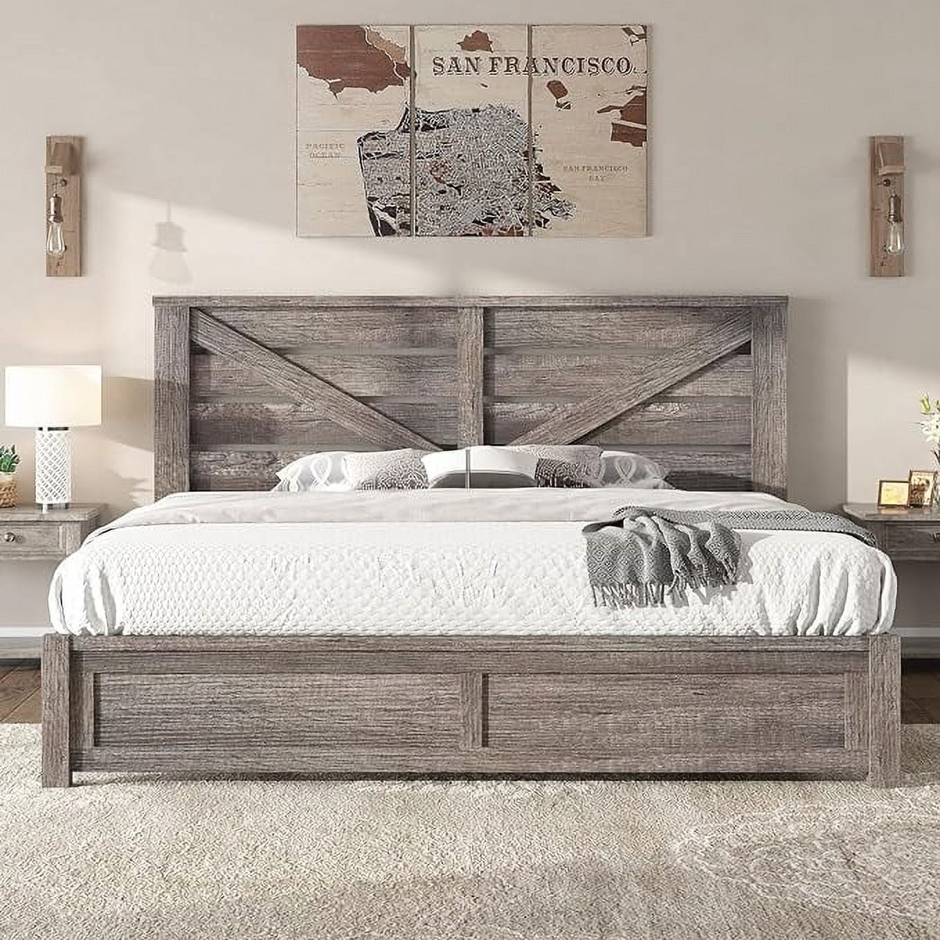 Papajet Farmhouse Bed Frame with Barn Door Headboard, Wood Slats and Storage Space