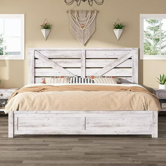 Papajet Farmhouse Bed Frame with Barn Door Headboard, Wood Slats and Storage Space