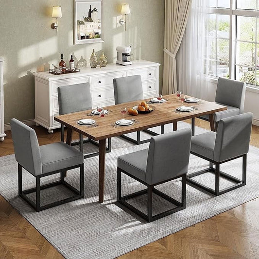 Papajet Mid Century Linen Dining Chairs Set of 6, Upholstered Chairs with Metal Frame