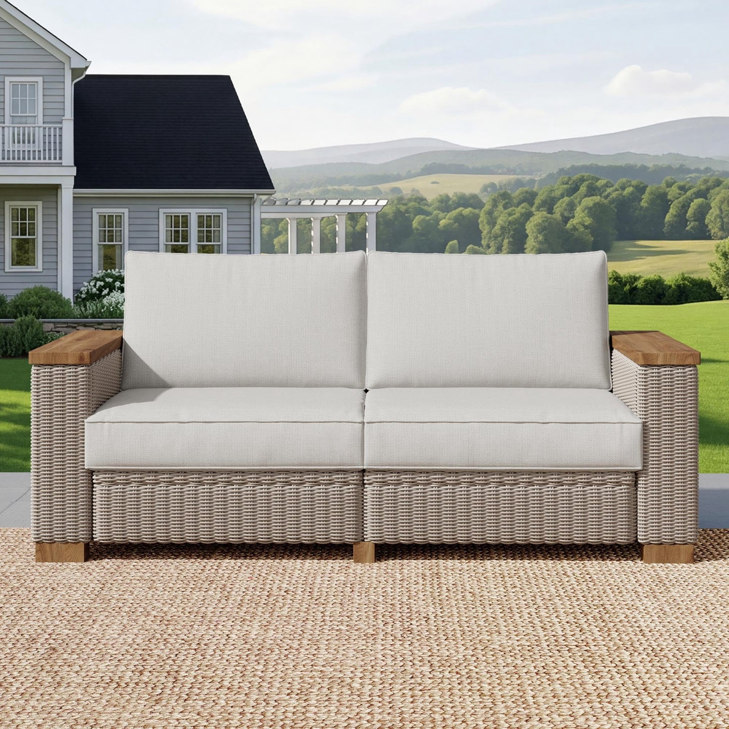 Papajet Modern Loveseat Patio Sofa with Solid Armrest & Legs, Wicker Couch with 4.7" Thicken Cushion, UV-Resistant, Modular Outdoor Sofa