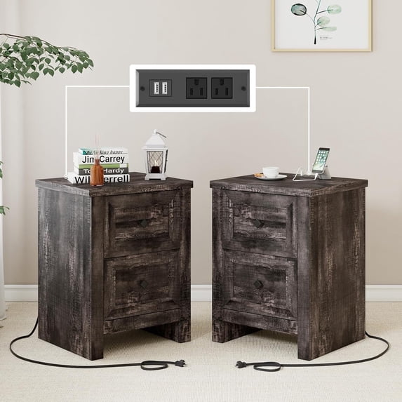 Papajet Nightstand Set of 2 with Charging Station, 2 Drawers, 24" Height