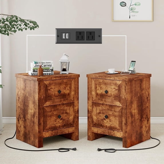 Papajet Nightstand Set of 2 with Charging Station, Farmhouse Wood Bedside Table