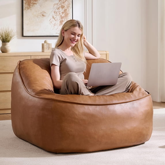Papajet Oversized Bean Bag Chair for Adult, Lounge Sofa, 45.5" Leather Comfy Sofa with Memory Supportive Foam Filling