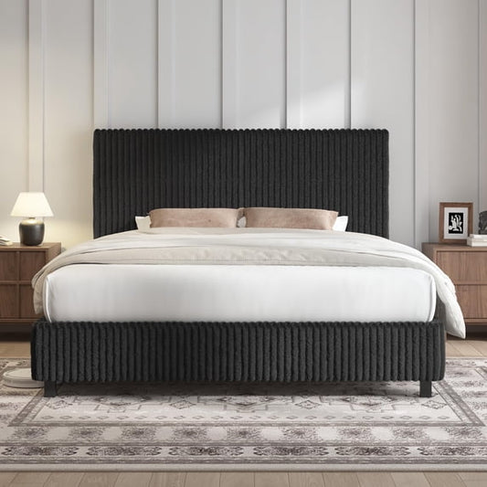 Papajet Bed Frame, Upholstered Metal Platform Bed Frame with Vertical Channel Tufted Headboard, Soft Fabric & Strong Metal Slats