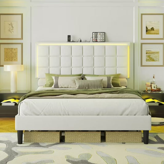 Papajet Bed Frame with LED Lights & Charging Station, Upholstered