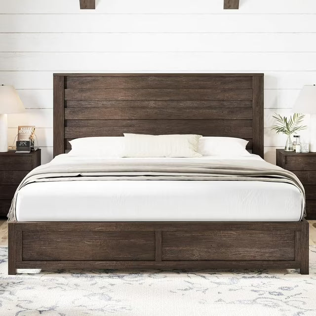 Papajet Full Size Bed Frame with Headboard, Farmhouse Platform and Natural Wood Grain