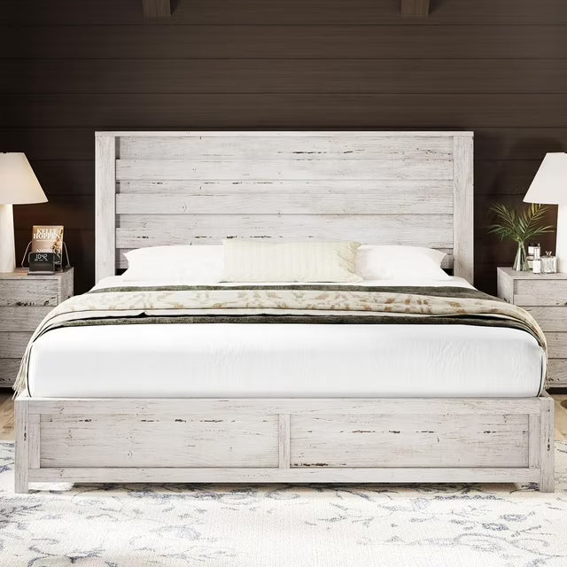 Papajet Full Size Bed Frame with Headboard, Farmhouse Platform and Natural Wood Grain