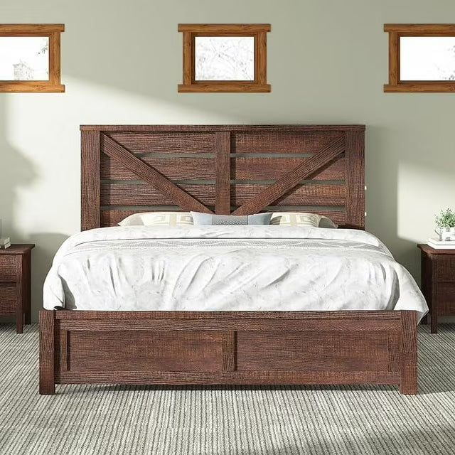 Papajet Farmhouse Bed Frame with Barn Door Headboard, Wood Slats and Storage Space