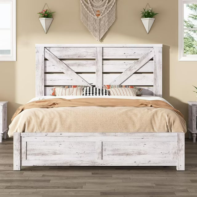 Papajet Farmhouse Bed Frame with Barn Door Headboard, Wood Slats and Storage Space