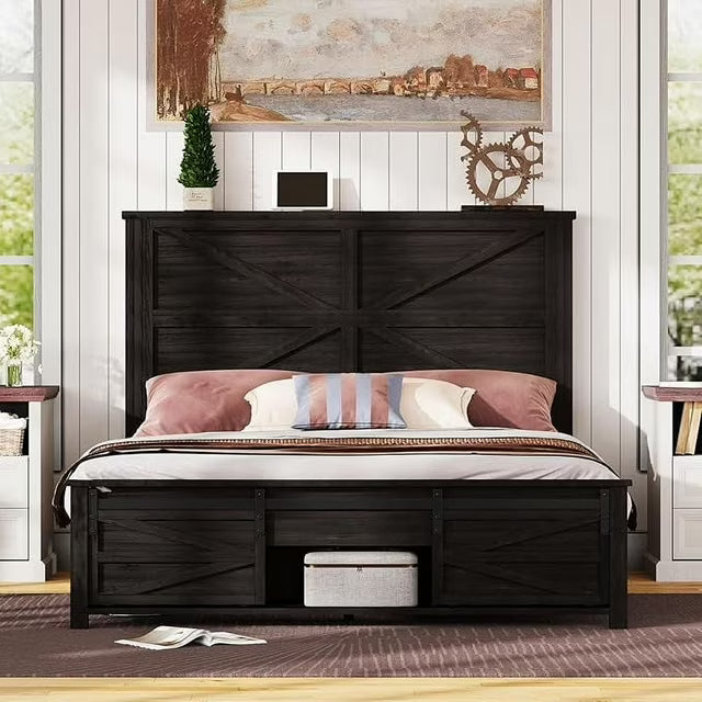 Papajet Farmhouse Wood Bed Frame with Storage Cabinets & Wood Slats