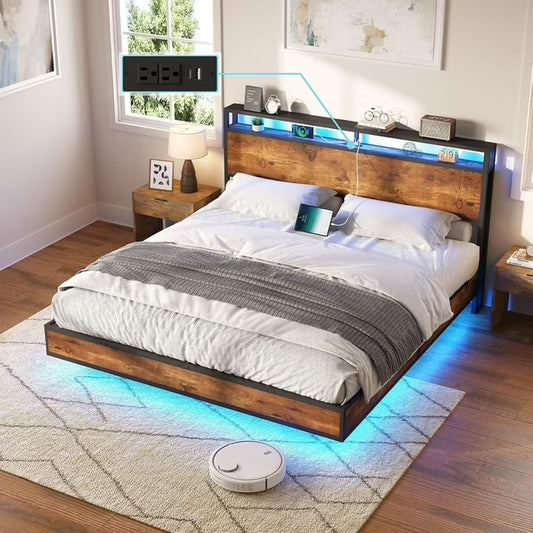 Papajet Floating Bed Frame with Headboard, Charging Station and LED Lights