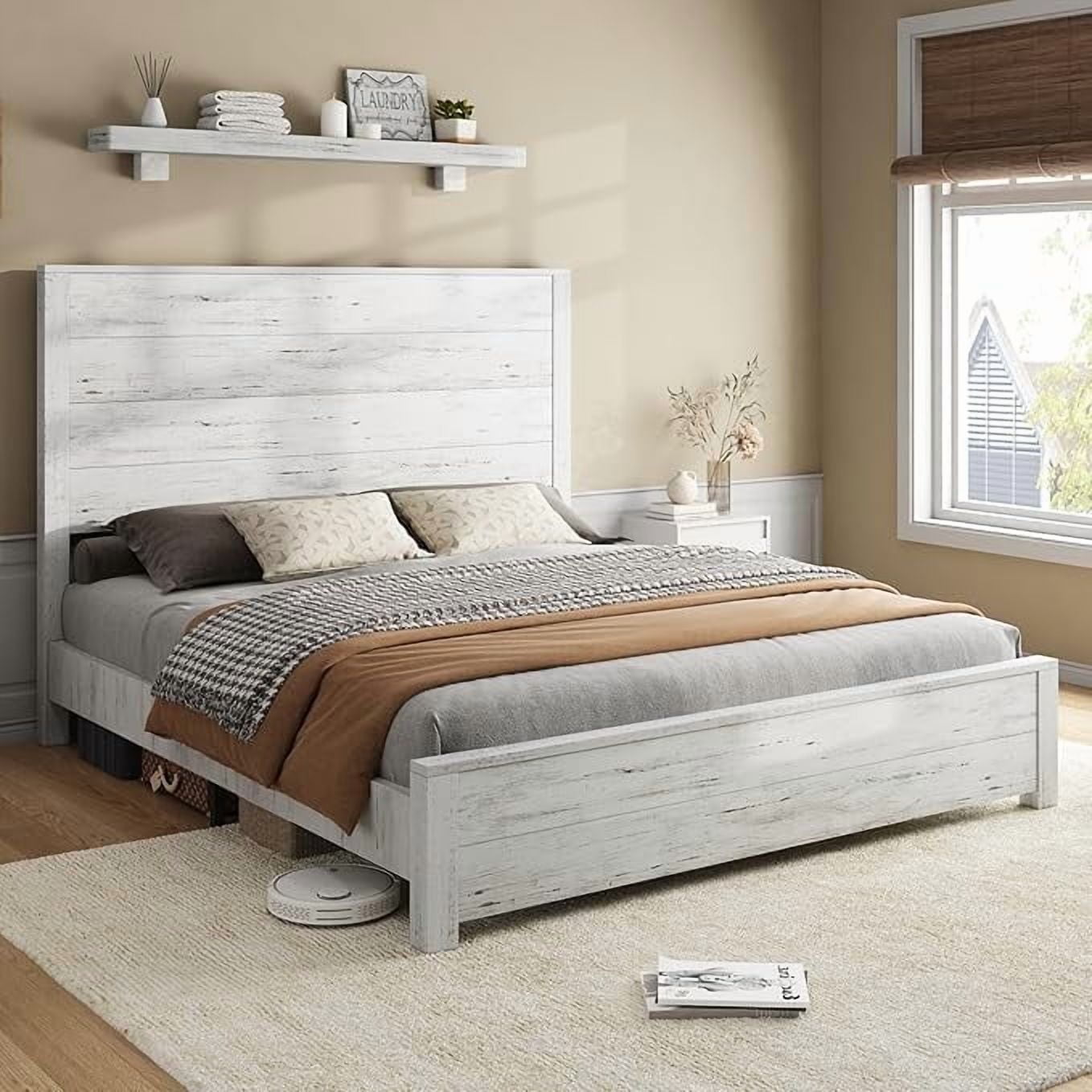 Papajet Wood Bed Frame with 51.2" Rustic Headboard & Wood Slats
