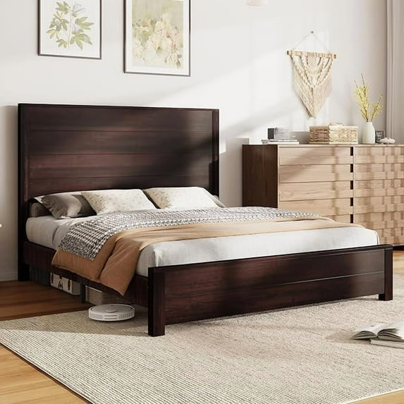 Papajet Wood Bed Frame with 51.2" Rustic Headboard & Wood Slats