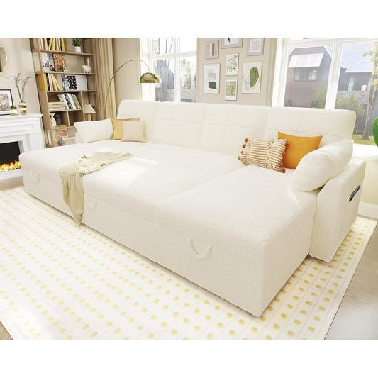 Sleeper Sofa, 110 inch Overisze Sofa Bed with 2 Storage Chaise for Living Room, White Boucle