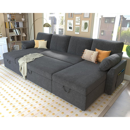 Sleeper Sofa, 110 inch Oversize Sofa Bed with 2 Storage Chaise for Living Room, Grey Chenille