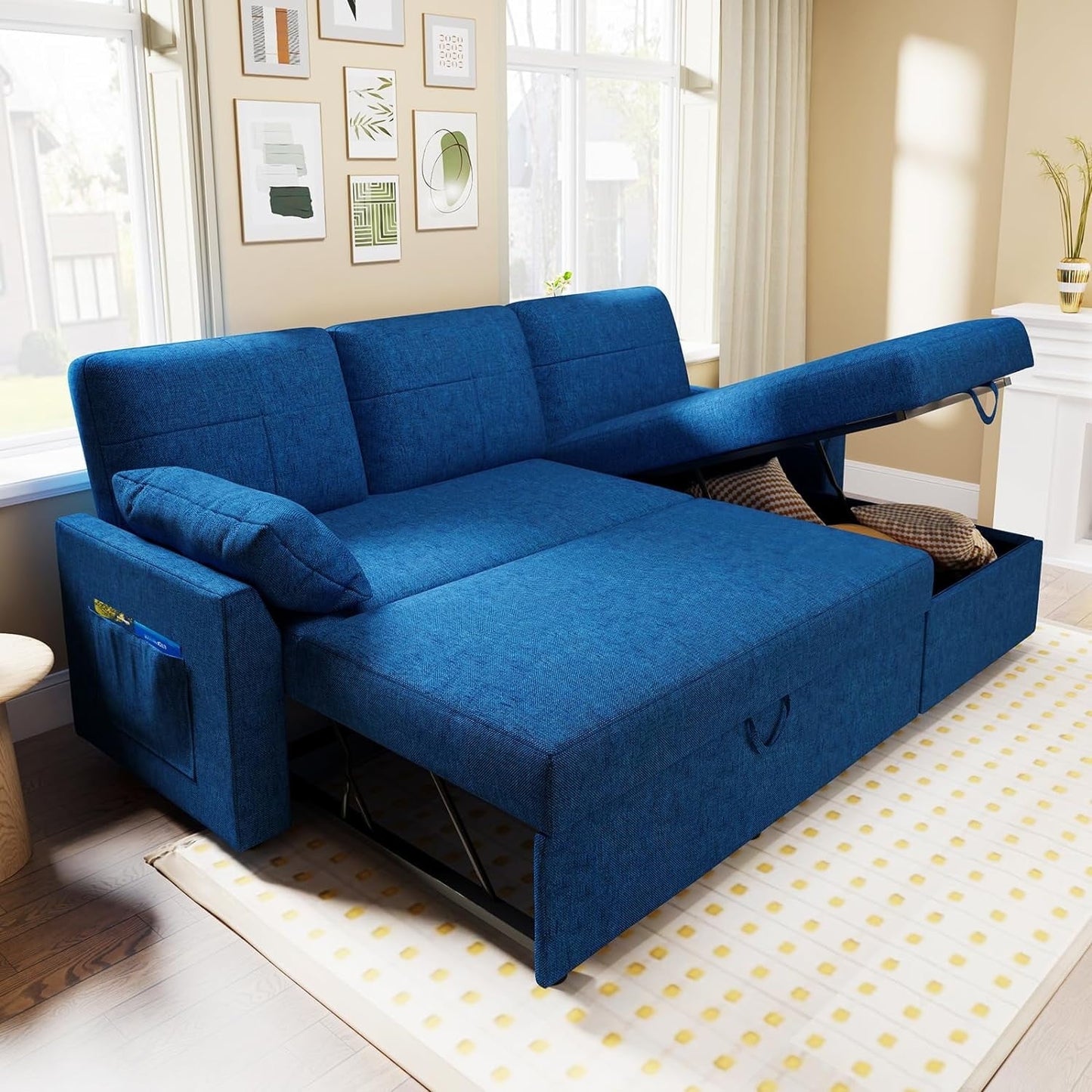 Sleeper Sofa, Pull Out Couch Bed with Storage Chaise for Living Room Office, Linen Blue