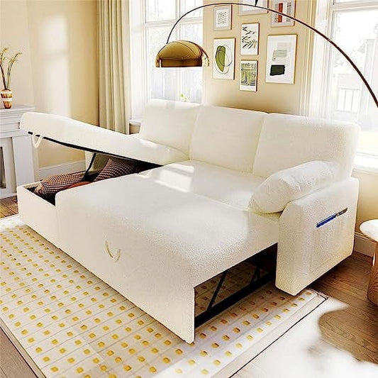 Sleeper Sofa, Pull Out Couch Bed with Storage Chaise for Living Room Office- White Sherpa