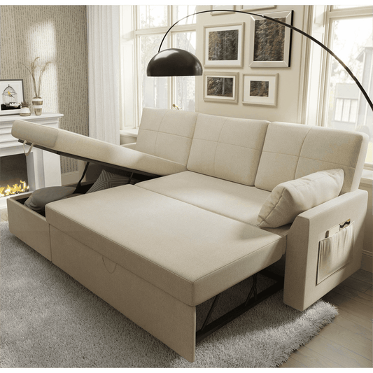 Sofa Bed, Sleeper Sofa with Storage Chaise, Pull Out Couch for Living Room, Beige Chenille