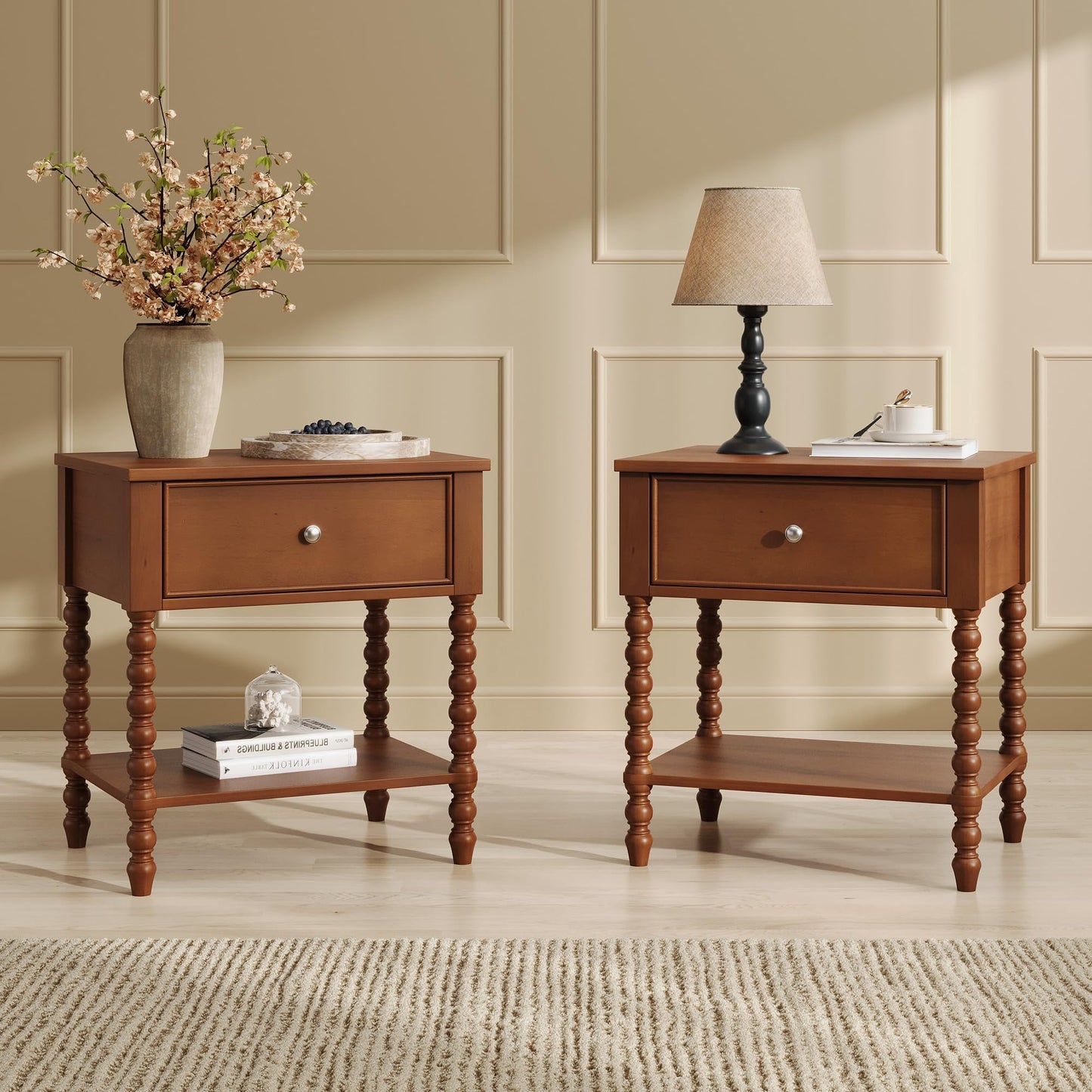 Papajet Solid Wood Nightstand with Turned Legs, Vintage Wide Bedside Table with Drawer, Wooden End Table for Bedroom/Living Room