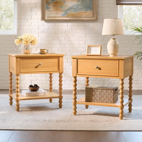 Papajet Solid Wood Nightstand with Turned Legs, Vintage Wide Bedside Table with Drawer, Wooden End Table for Bedroom/Living Room