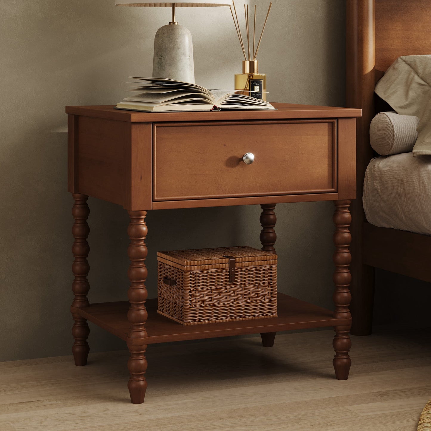 Papajet Solid Wood Nightstand with Turned Legs, Vintage Wide Bedside Table with Drawer, Wooden End Table for Bedroom/Living Room