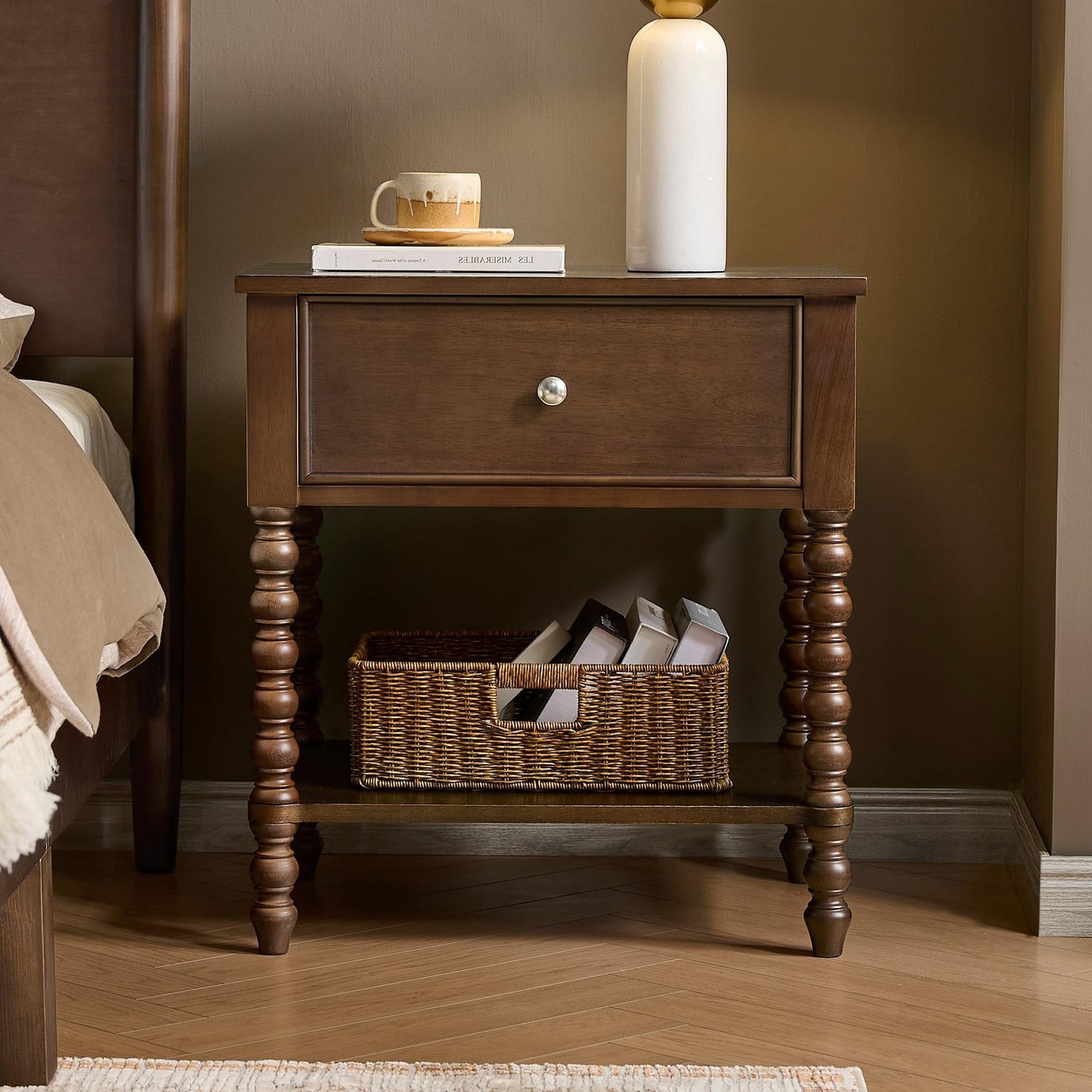 Papajet Solid Wood Nightstand with Turned Legs, Vintage Wide Bedside Table with Drawer, Wooden End Table for Bedroom/Living Room