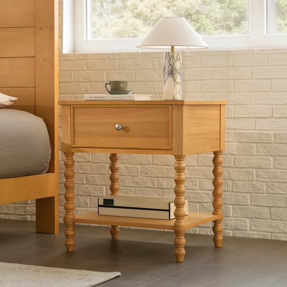 Papajet Solid Wood Nightstand with Turned Legs, Vintage Wide Bedside Table with Drawer, Wooden End Table for Bedroom/Living Room