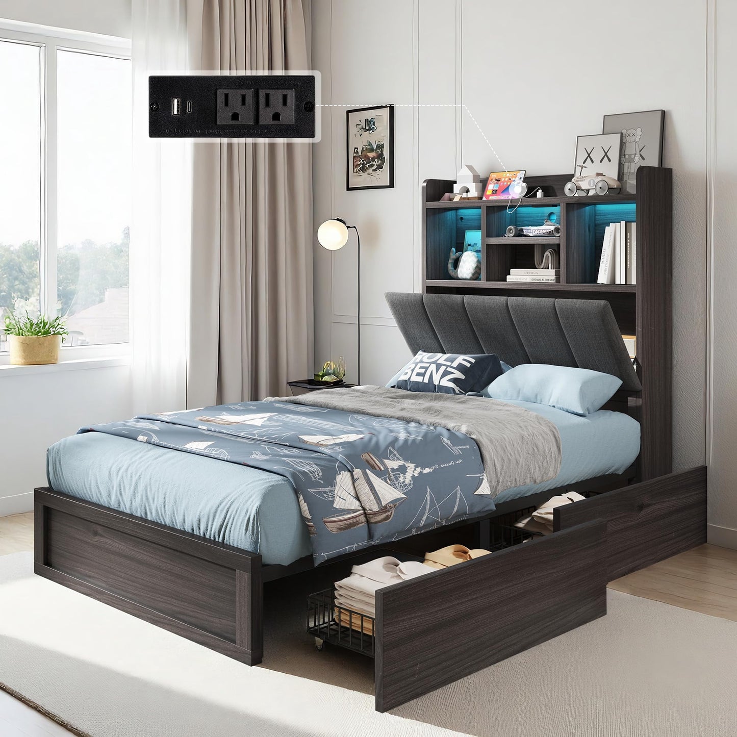 Papajet Farmhouse Bed Frame with Bookcase Headboard and 4 Drawers, LED Storage Bed with Charging Station & Linen Upholstered