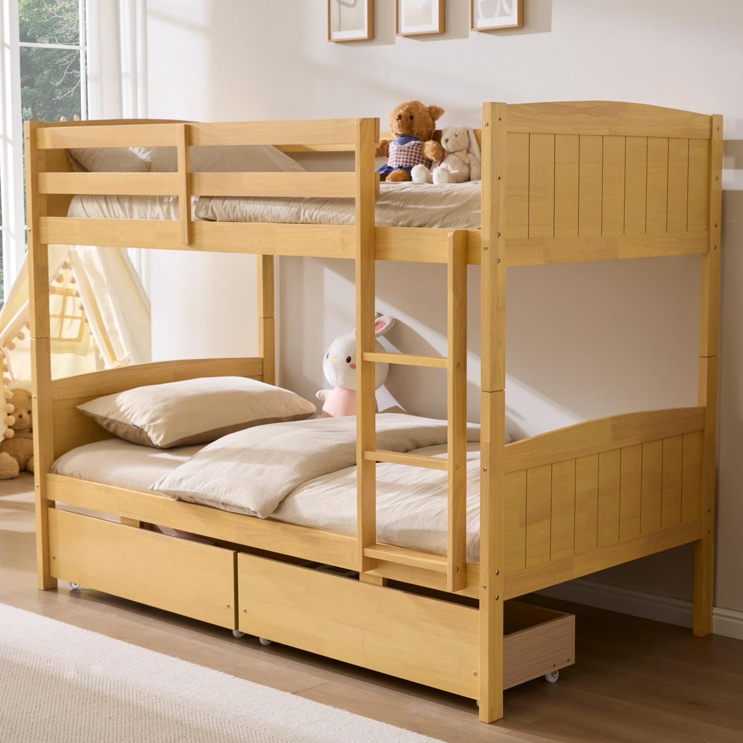 Papajet Twin Over Twin Bunk Bed with Drawers, Solid Rubberwood Convertible Loft Beds, Modern Detachable Bed Frame for Teens Bedroom
