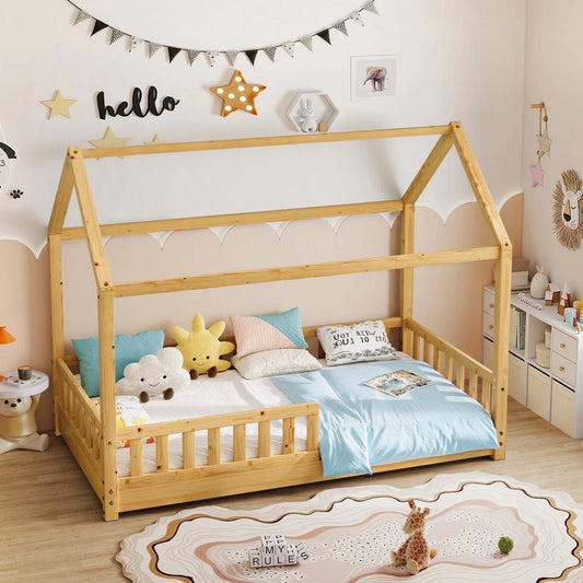 Papajet Twin Size House Bed, Montessori Wooden Floor Bed Frame with Guardrails, Playhouse Roof, Easy Assembly, Natural Wood