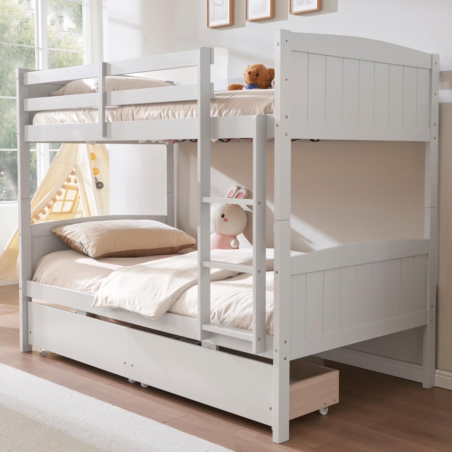 Papajet Twin Over Twin Bunk Bed with Drawers, Solid Rubberwood Convertible Loft Beds, Modern Detachable Bed Frame for Teens Bedroom