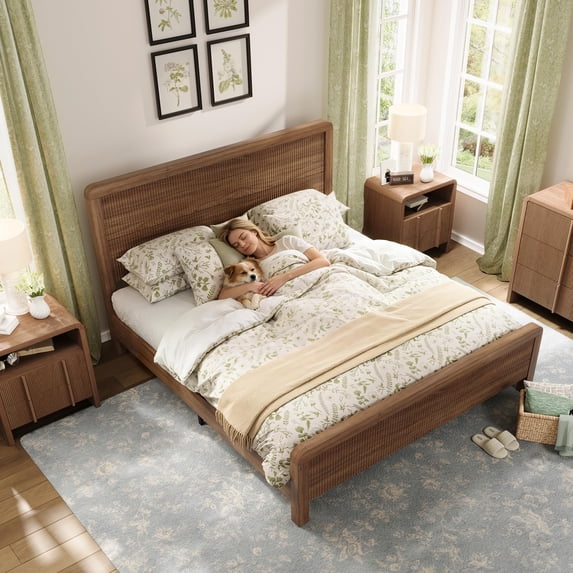 Papajet Wood Bed Frame with Headboard & Footboard, Modern Fluted Wooden Platform Bedframe with Rounded Safety Edges