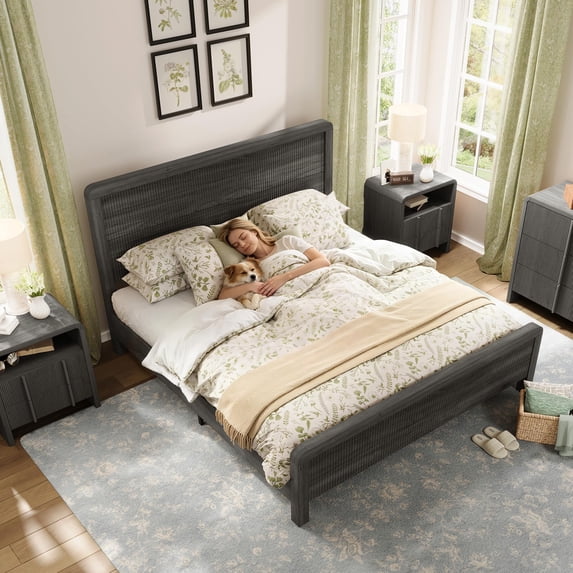 Papajet Wood Bed Frame with Headboard & Footboard, Modern Fluted Wooden Platform Bedframe with Rounded Safety Edges