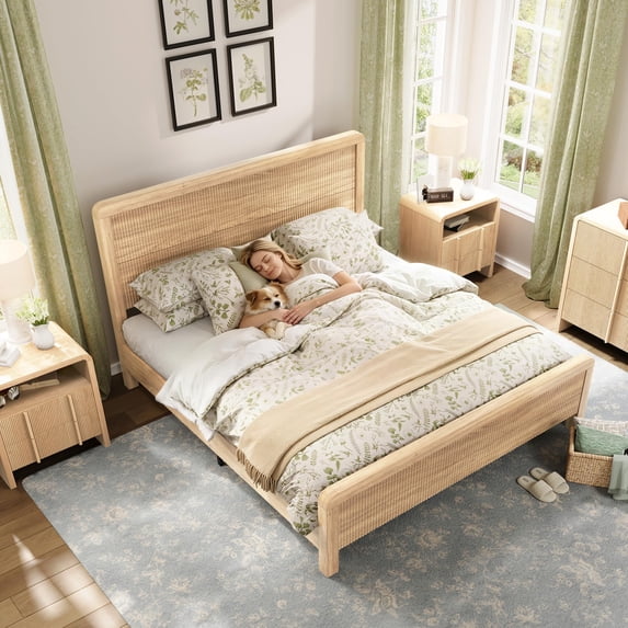 Papajet Wood Bed Frame with Headboard & Footboard, Modern Fluted Wooden Platform Bedframe with Rounded Safety Edges