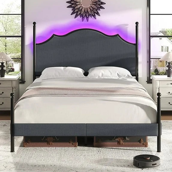 VANACC Bed Frame with LED Light & Arch Headboard, Modern Corduroy Upholstered Platform Bed with Metal Poster, No Box Spring Needed/Easy Assembly/Noise Free