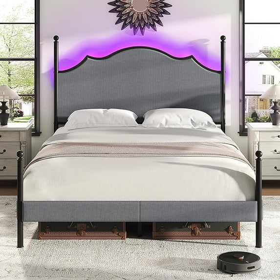 VANACC Bed Frame with LED Light & Arch Headboard, Modern Corduroy Upholstered Platform Bed with Metal Poster, No Box Spring Needed/Easy Assembly/Noise Free