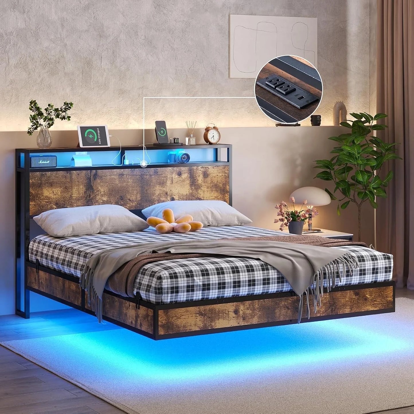 VANACC Float Bed Frame with LED Lights and Charger, RGB Smart Storage Headboard, Platform Bed with USB Charger & Cord
