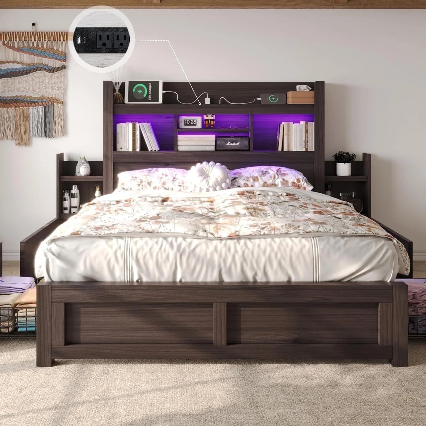 VANACC Bed with 49.6" Bookcase Headboard, Dual Side Storage Racks, 4 Drawers, Built-in RGB LED Lighting, Charging Station – No Box Spring Required