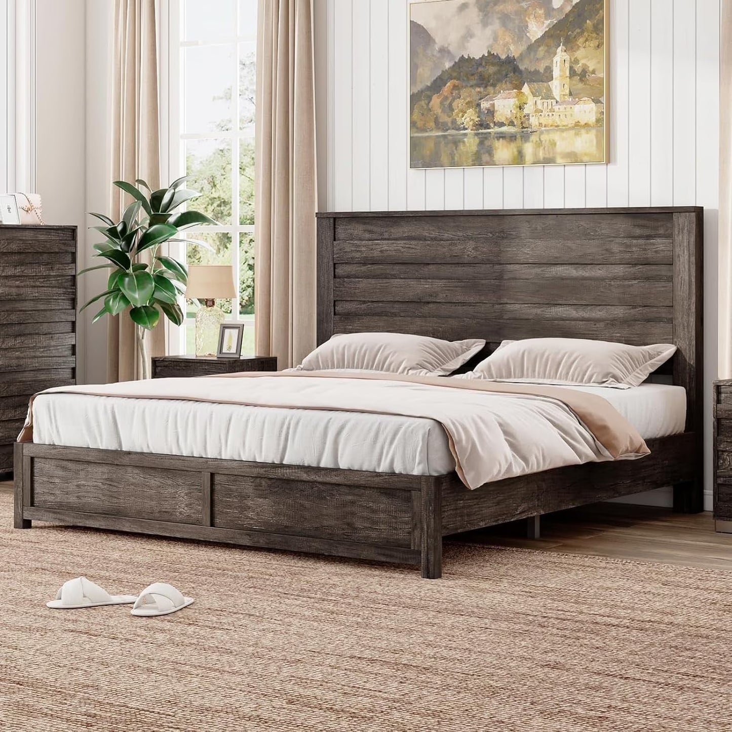 VANACC Bed Frame with 49" Tall & Full-Panel Headboard, Farmhouse Platform Bed with Wood Slats & Metal Bed Frame, No Box Spring Needed/Noise Free