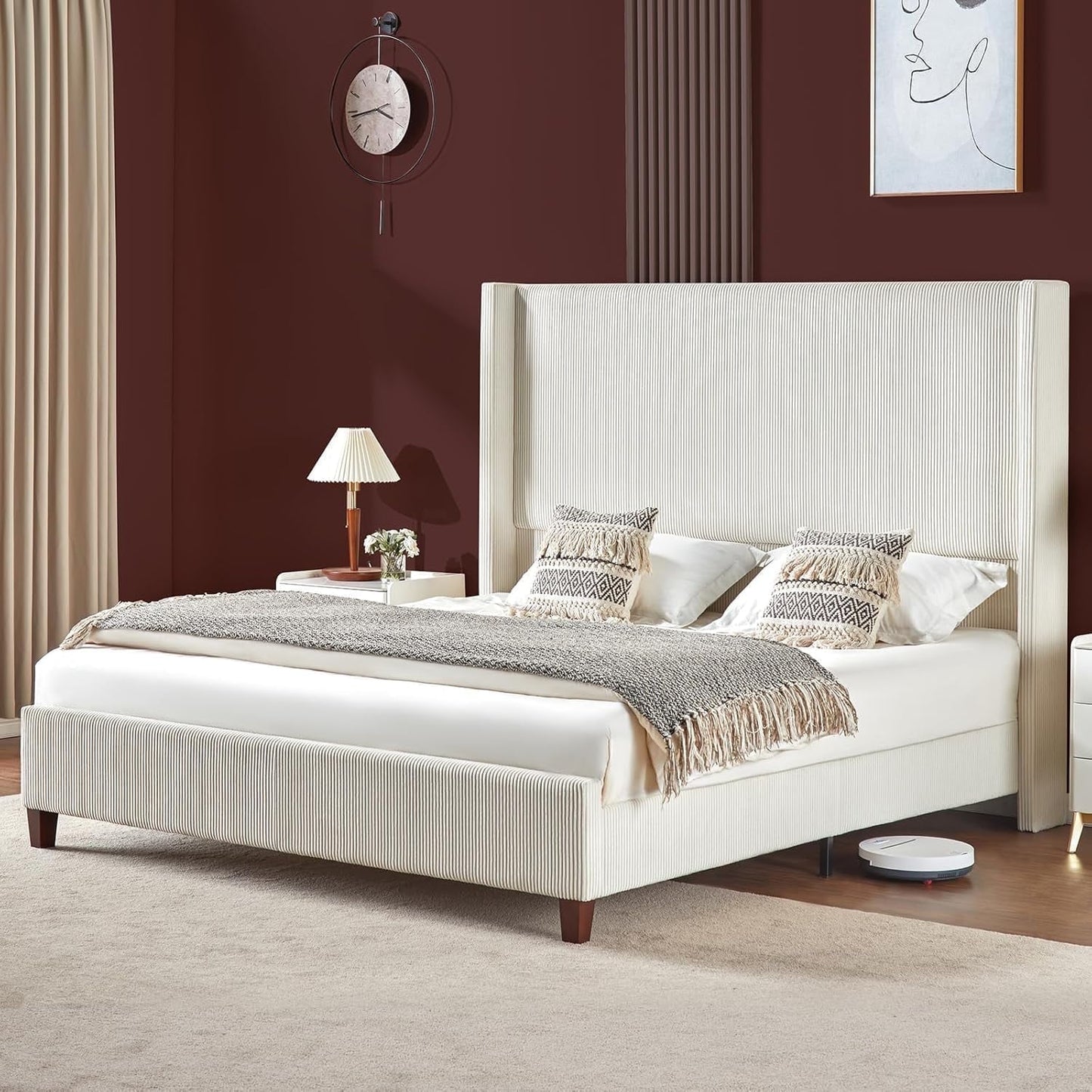 VanAcc Platform Bed Frame with 62" Headboard Corduroy Upholstered Bed/Wingback/No Box Spring Needed/Noise Free