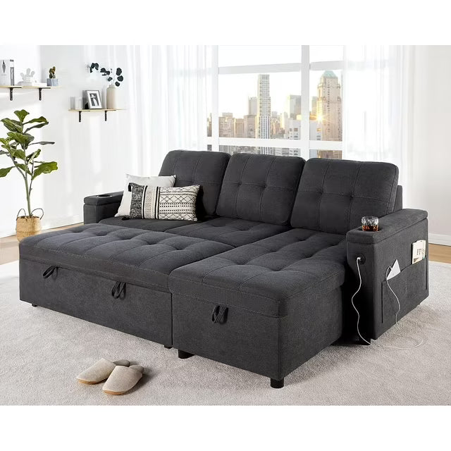 Merluxy Sleeper Sofa, Tufted Sofa Bed with USB & Cup Holders, L Shape Couch for Living Room- Linen